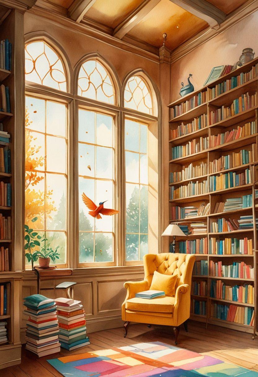 A whimsical library filled with colorful flying books, where a joyful character, inspired by Morris Lessmore, interacts with animated stories coming to life. Soft golden sunlight spills through large windows, illuminating playful elements like dancing letters and cheerful illustrations. The atmosphere conveys a sense of wonder, creativity, and the magic of storytelling. watercolor illustration. vibrant colors. whimsical style.