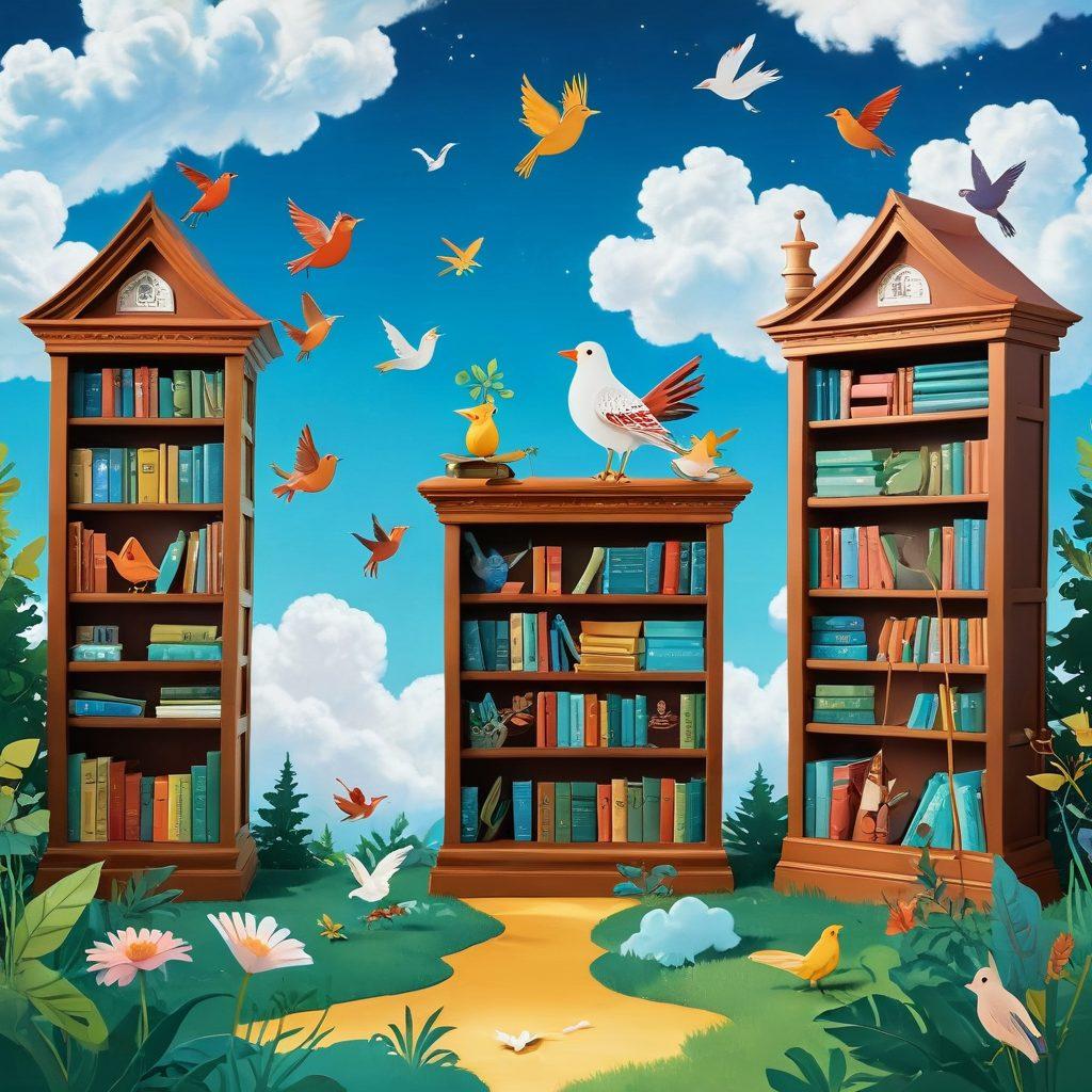 A whimsical library filled with floating books and vibrant colors, showcasing an enchanting character inspired by Morris Lessmore, joyfully interacting with animated stories and nature. A backdrop of a sunny sky with fluffy clouds enhances the magical atmosphere, while playful paper birds flit around, symbolizing adventure and imagination. The scene captures the essence of joy and discovery. colorful illustration. vibrant colors. dreamy style.