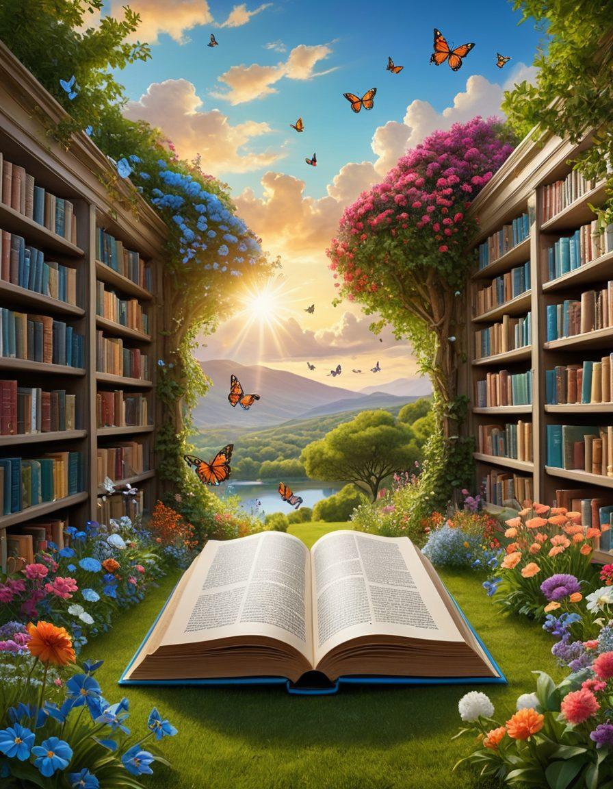 A whimsical landscape inspired by the world of Morris Lessmore, featuring a bright, colorful library where books float like butterflies. A serene character, embodying joy and optimism, interacts with the books in a vibrant, lush garden filled with flowers and sunlight. The sky is a cheerful blue, dotted with fluffy clouds, enhancing the sense of wonder and delight. The scene invites viewers to explore the adventure within the pages of the books. painting. vibrant colors. magical realism.